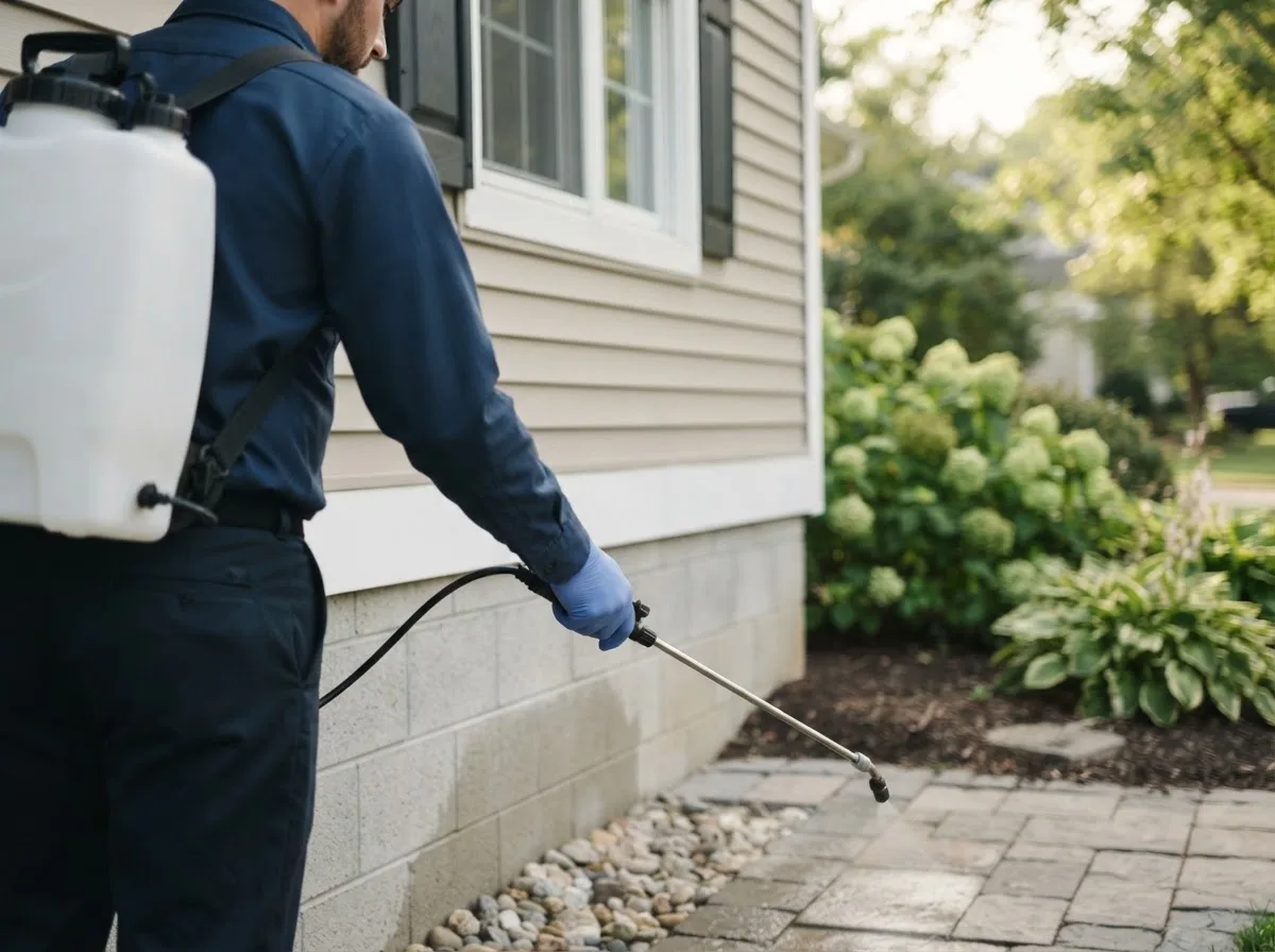 Pest control technician inspecting a home in Glengary, WV